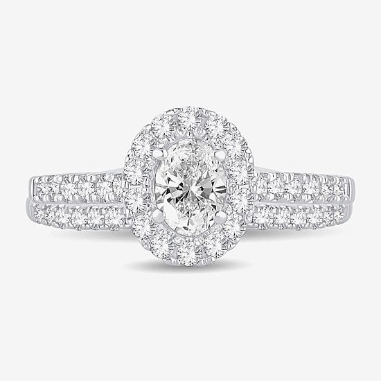(H-I / Si1-Si2) Womens 1 CT. T.W. Lab Grown White Diamond 10K Gold Oval Side Stone Halo Bridal Set