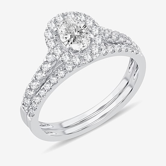 (H-I / Si1-Si2) Womens 1 CT. T.W. Lab Grown White Diamond 10K Gold Oval Side Stone Halo Bridal Set