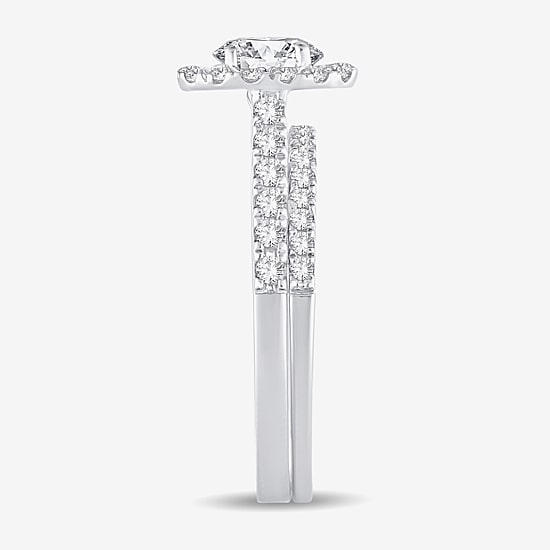 (H-I / Si1-Si2) Womens 1 CT. T.W. Lab Grown White Diamond 10K Gold Oval Side Stone Halo Bridal Set