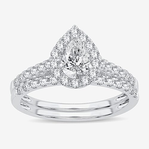 (H-I / Si1-Si2) Womens 1 CT. T.W. Lab Grown White Diamond 10K Gold Pear Side Stone Halo Bridal Set, 9, White