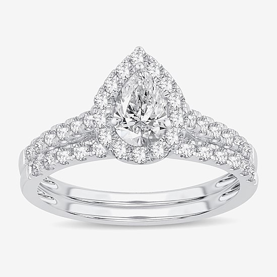 (H-I / Si1-Si2) Womens 1 CT. T.W. Lab Grown White Diamond 10K Gold Pear Side Stone Halo Bridal Set