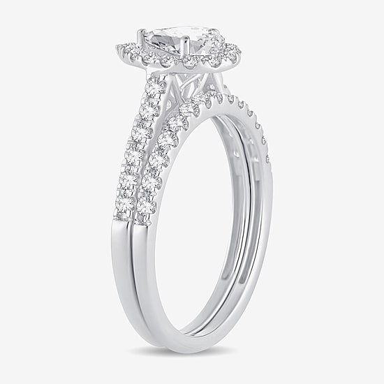 (H-I / Si1-Si2) Womens 1 CT. T.W. Lab Grown White Diamond 10K Gold Pear Side Stone Halo Bridal Set