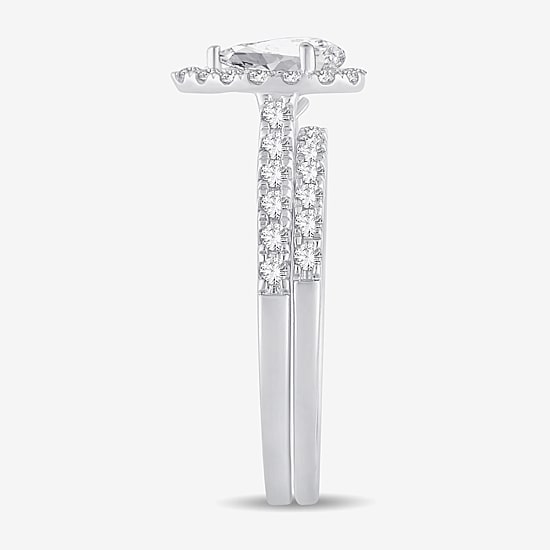 (H-I / Si1-Si2) Womens 1 CT. T.W. Lab Grown White Diamond 10K Gold Pear Side Stone Halo Bridal Set