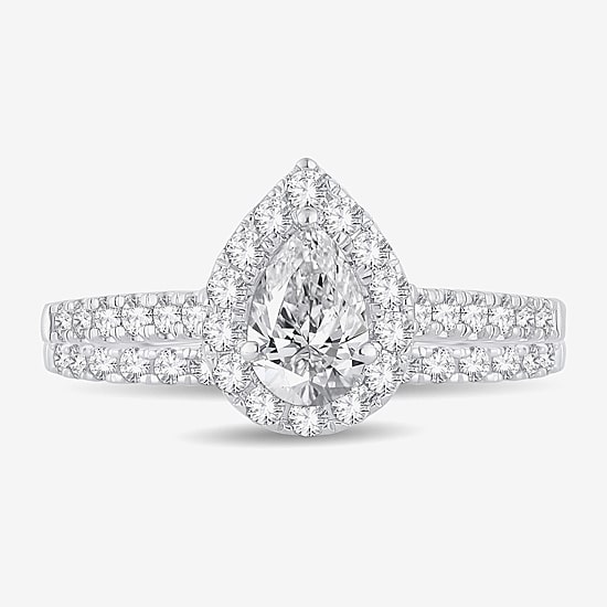 (H-I / Si1-Si2) Womens 1 CT. T.W. Lab Grown White Diamond 10K Gold Pear Side Stone Halo Bridal Set