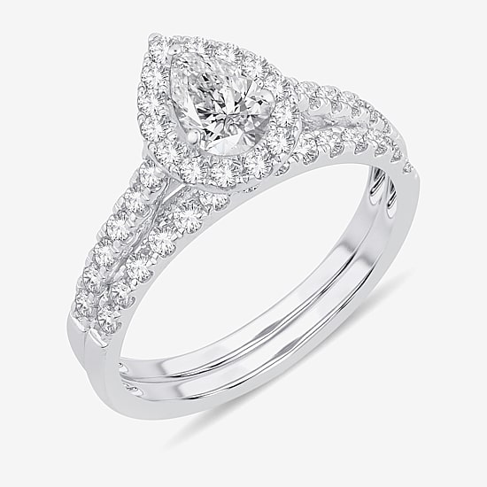 (H-I / Si1-Si2) Womens 1 CT. T.W. Lab Grown White Diamond 10K Gold Pear Side Stone Halo Bridal Set