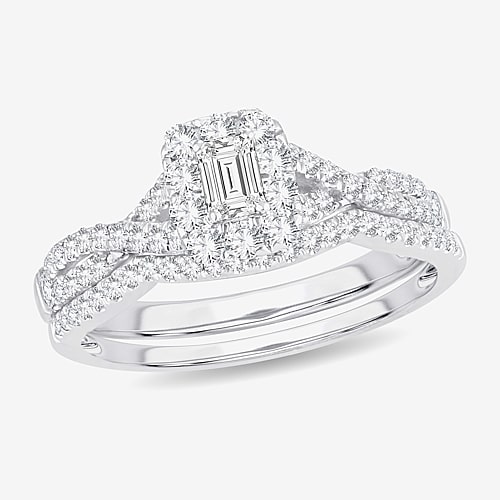 (H-I / Si1-Si2) Womens 3/4 CT. T.W. Lab Grown White Diamond 10K Gold Side Stone Halo Bridal Set, 9, White