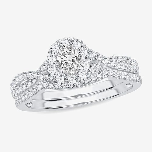(H-I / Si1-Si2) Womens 3/4 CT. T.W. Lab Grown White Diamond 10K Gold Oval Side Stone Halo Bridal Set, 9, White