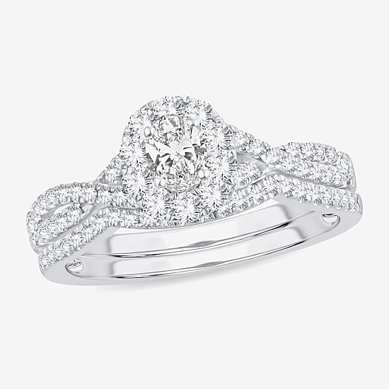 (H-I / Si1-Si2) Womens 3/4 CT. T.W. Lab Grown White Diamond 10K Gold Oval Side Stone Halo Bridal Set