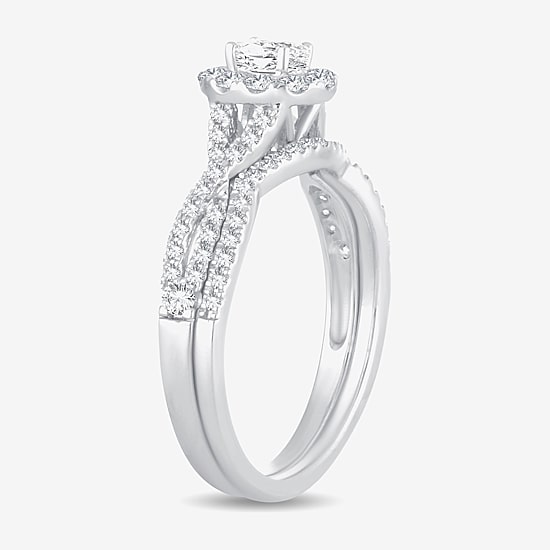 (H-I / Si1-Si2) Womens 3/4 CT. T.W. Lab Grown White Diamond 10K Gold Oval Side Stone Halo Bridal Set