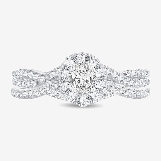 (H-I / Si1-Si2) Womens 3/4 CT. T.W. Lab Grown White Diamond 10K Gold Oval Side Stone Halo Bridal Set
