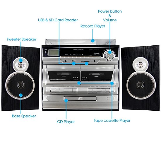 Trexonic 3-Speed Turntable With CD Player, Double Cassette Player, Bluetooth, FM Radio & USB/SD Recording
