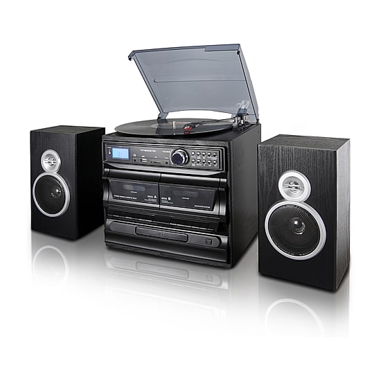Trexonic 3-Speed Turntable With CD Player, Dual Cassette Player, Bluetooth, FM Radio & USB/SD Recording and Wired Shelf Speakers