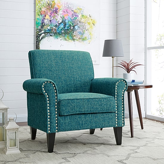 Jean Traditional Rolled Arm Accent Chair with Pewter Nailheads in Tweed