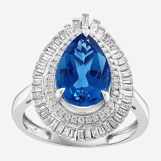 Effy Final Call Womens Genuine Blue Topaz & 1/2 CT. T.W. Diamond 14K White Gold Pear Halo Cocktail Ring