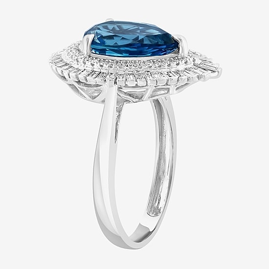 Effy Final Call Womens Genuine Blue Topaz & 1/2 CT. T.W. Diamond 14K White Gold Pear Halo Cocktail Ring