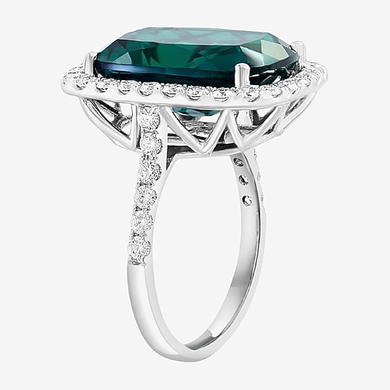 Effy Final Call Womens 1 CT. T.W. Lab Created Green Emerald 14K Gold Halo Side Stone Cocktail Ring
