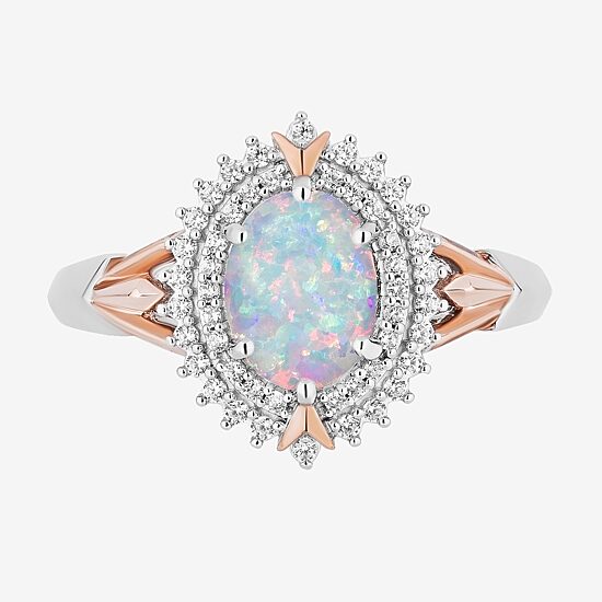 Enchanted Disney Fine Jewelry 10th Anniversary Womens 1/5 CT. Lab Created White Opal 14K Rose Gold Over Silver Sterling Silver Oval Elsa Frozen Halo Cocktail Ring