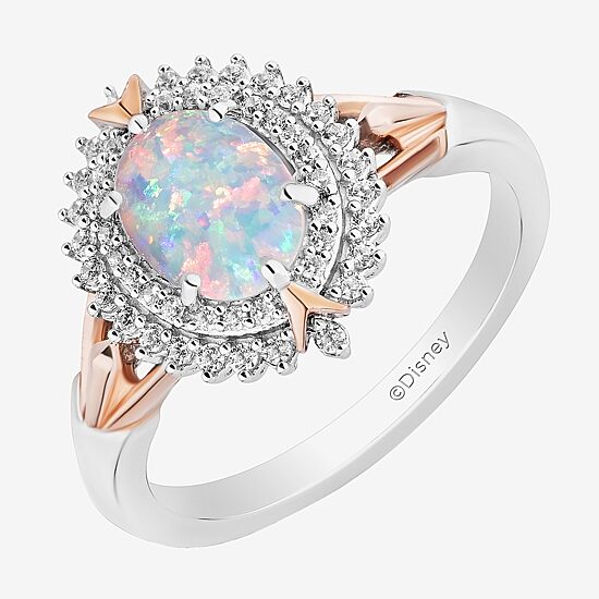 Enchanted Disney Fine Jewelry 10th Anniversary Womens 1/5 CT. Lab Created White Opal 14K Rose Gold Over Silver Sterling Silver Oval Elsa Frozen Halo Cocktail Ring