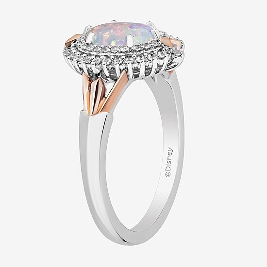 Enchanted Disney Fine Jewelry 10th Anniversary Womens 1/5 CT. Lab Created White Opal 14K Rose Gold Over Silver Sterling Silver Oval Elsa Frozen Halo Cocktail Ring