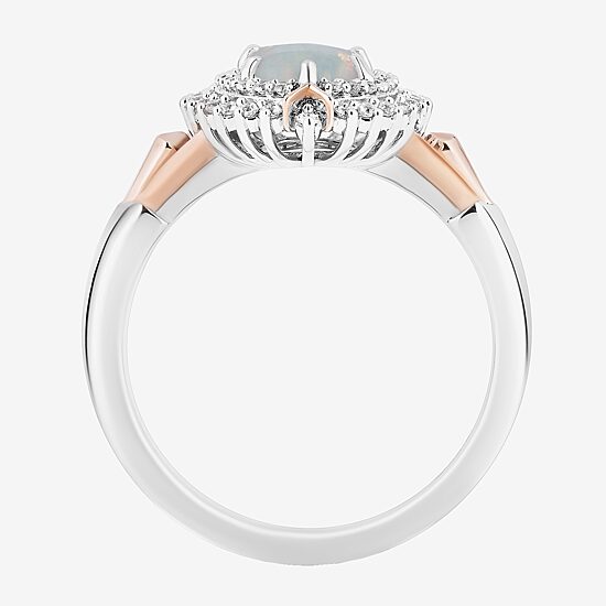 Enchanted Disney Fine Jewelry 10th Anniversary Womens 1/5 CT. Lab Created White Opal 14K Rose Gold Over Silver Sterling Silver Oval Elsa Frozen Halo Cocktail Ring