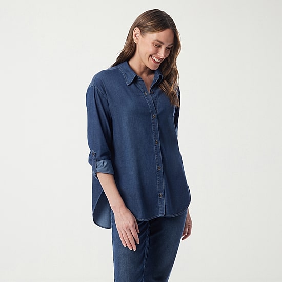 Gloria Vanderbilt Womens Roll Tab Long Sleeve Loose Fit Button-Down Shirt