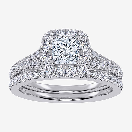 (G / Vs2-Si1) Womens 1 CT. T.W. Lab Grown White Diamond 10K Gold Side Stone Halo Bridal Set