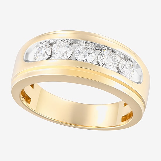(F, Vs2) Mens 9M 1 CT. T.W. Lab Grown White Diamond 10K Gold Round 5-Stone Wedding Band