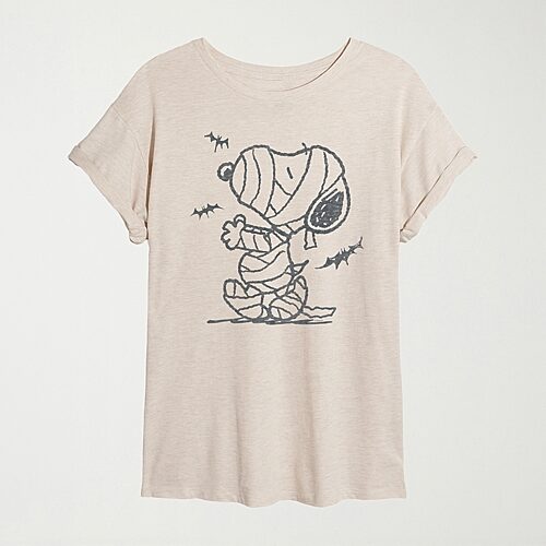 Womens Crew Neck Short Sleeve Regular Fit Snoopy Graphic T-Shirt, Large, Beige