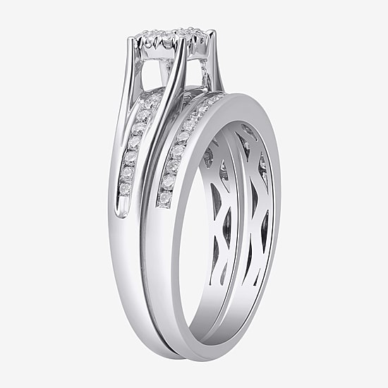 (I, I2) Womens 1/2 CT. T.W. Lab Grown White Diamond Sterling Silver Round Side Stone Halo Bridal Set