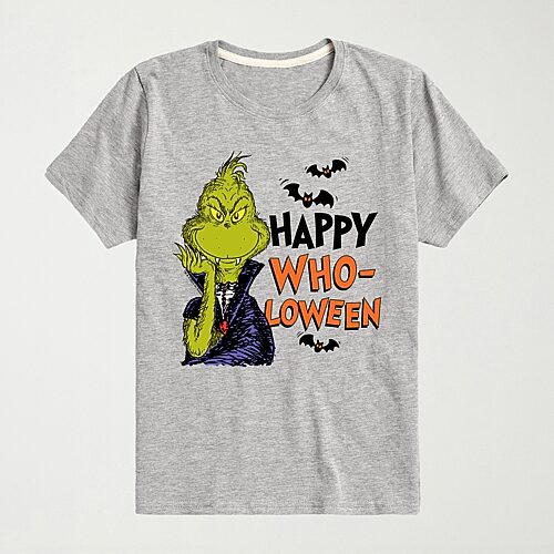 Vampire Happy Wholoween Little & Big Kid Boys Crew Neck Short Sleeve Regular Fit Grinch Graphic T-Shirt, Large, Gray