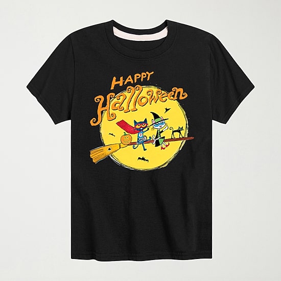 Broomstick Witch Happy Halloween Little & Big Kid Boys Crew Neck Short Sleeve Regular Fit Pete the Cat Graphic T-Shirt