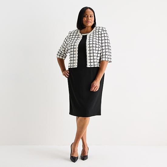 Maya Brooke Womens Plus Fitted Windowpane Jacket Dress