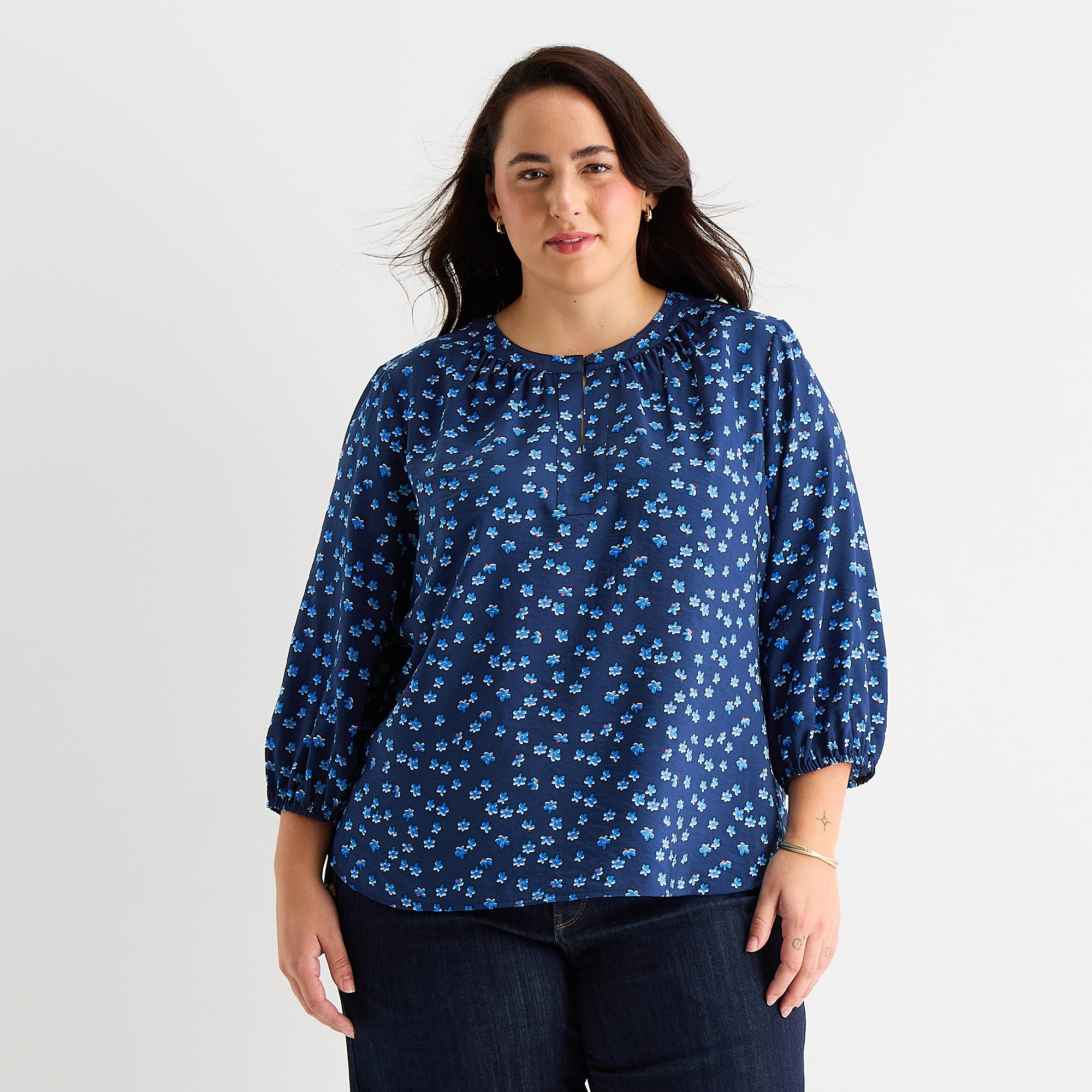 St. John's Bay Womens Plus Split Crew Neck 3/4 Sleeve Blouse