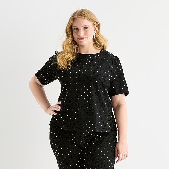 Liz Claiborne Womens Plus Easy-on + Easy-off Round Neck Short Sleeve Blouse