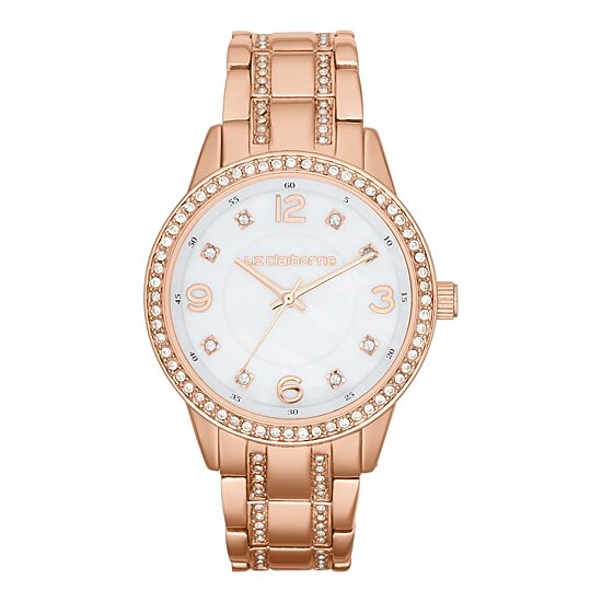 Liz Claiborne® Womens Rose-Tone Crystal Large-Scale Watch