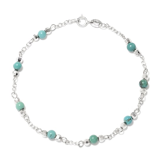 Womens Enhanced Blue Turquoise Sterling Silver Round Beaded Bracelet