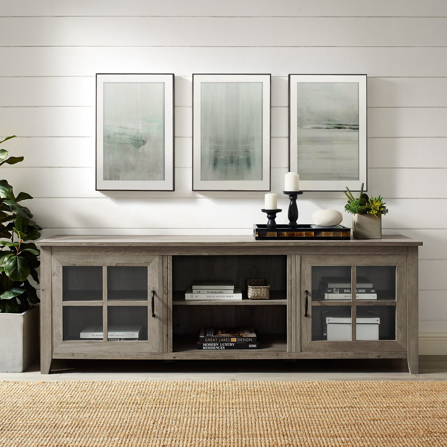 70" Farmhouse Simple Window Pane 2 Door Wood TV Stand