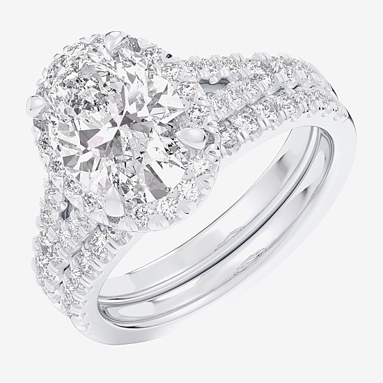 (G-H / Si1-Si2) Womens 1 5/8 CT. T.W. Lab Grown White Diamond 14K Gold Oval Side Stone Halo Bridal Set