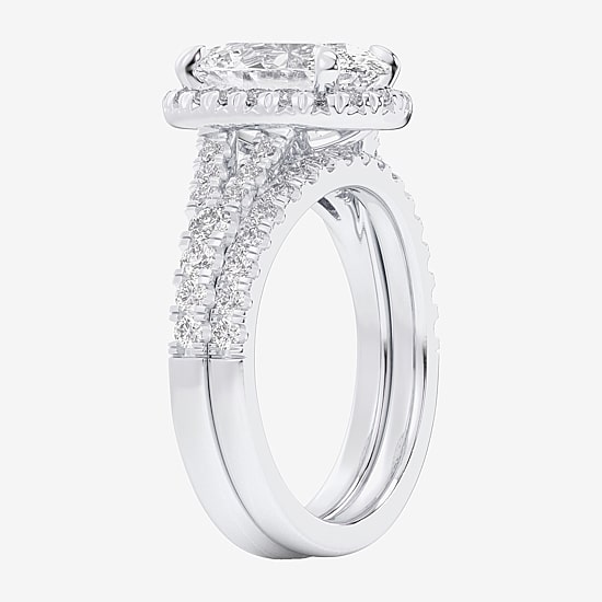 (G-H / Si1-Si2) Womens 1 5/8 CT. T.W. Lab Grown White Diamond 14K Gold Oval Side Stone Halo Bridal Set