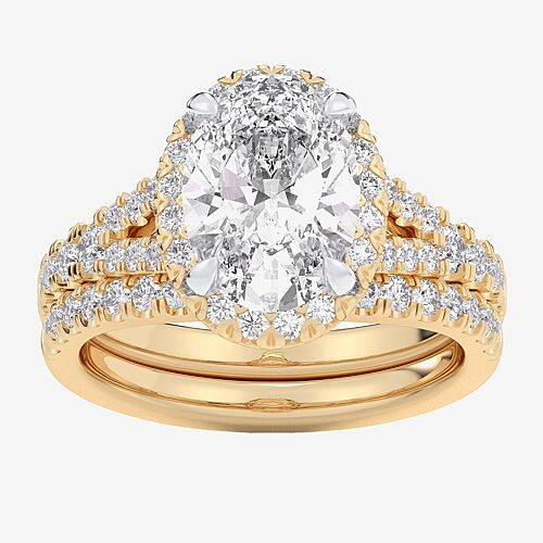 (G-H / Si1-Si2) Womens 1 5/8 CT. T.W. Lab Grown White Diamond 14K Gold Oval Side Stone Halo Bridal Set, 9, Yellow
