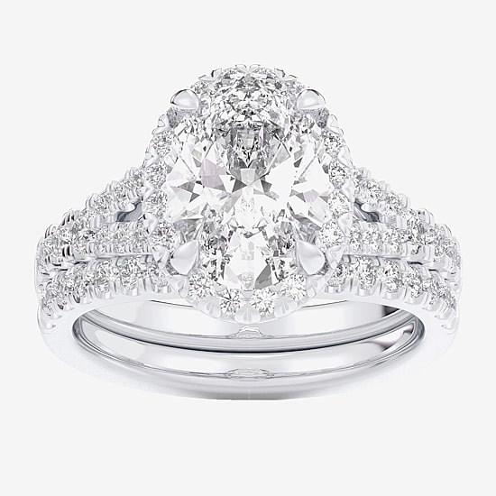 (G-H / Si1-Si2) Womens 3 CT. T.W. Lab Grown White Diamond 14K Gold Oval Side Stone Halo Bridal Set