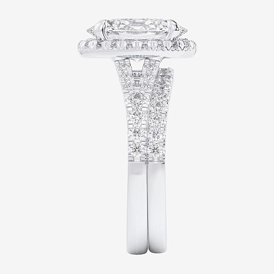 (G-H / Si1-Si2) Womens 3 CT. T.W. Lab Grown White Diamond 14K Gold Oval Side Stone Halo Bridal Set