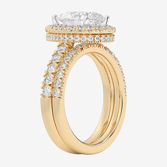 (G-H / Si1-Si2) Womens 1 5/8 CT. T.W. Lab Grown White Diamond 14K Gold Pear Side Stone Halo Bridal Set
