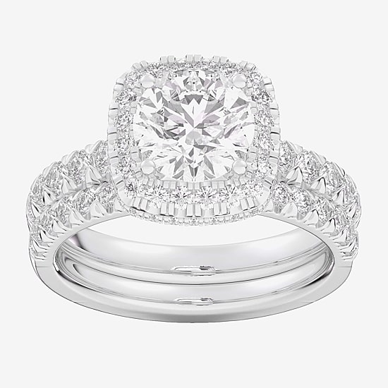 (G-H / Si1-Si2) Womens 1 5/8 CT. T.W. Lab Grown White Diamond 14K Gold Round Side Stone Halo Bridal Set