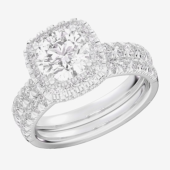 (G-H / Si1-Si2) Womens 1 5/8 CT. T.W. Lab Grown White Diamond 14K Gold Round Side Stone Halo Bridal Set