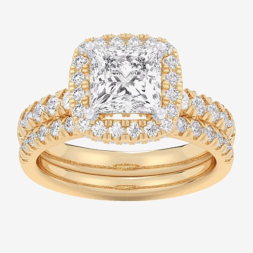 (G-H / Si1-Si2) Womens 3 CT. T.W. Lab Grown White Diamond 14K Gold Side Stone Halo Bridal Set, 8, Yellow