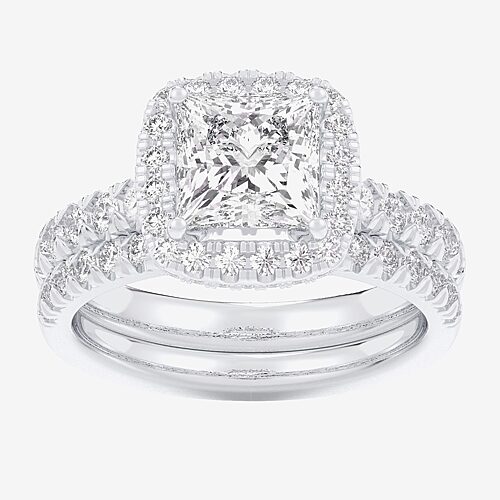 (G-H / Si1-Si2) Womens 3 CT. T.W. Lab Grown White Diamond 14K Gold Side Stone Halo Bridal Set, 8, White