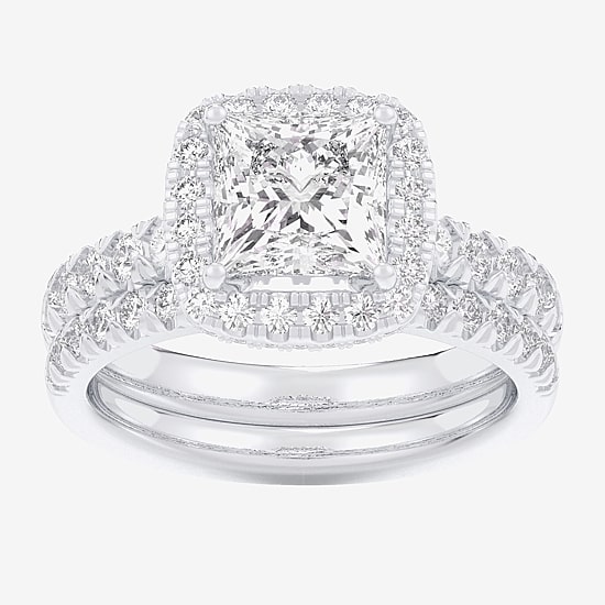 (G-H / Si1-Si2) Womens 3 CT. T.W. Lab Grown White Diamond 14K Gold Side Stone Halo Bridal Set