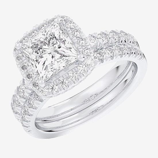 (G-H / Si1-Si2) Womens 3 CT. T.W. Lab Grown White Diamond 14K Gold Side Stone Halo Bridal Set