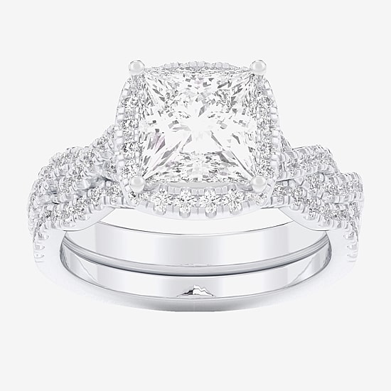 (G-H / Si1-Si2) Womens 2 3/4 CT. T.W. Lab Grown White Diamond 14K Gold Side Stone Halo Bridal Set